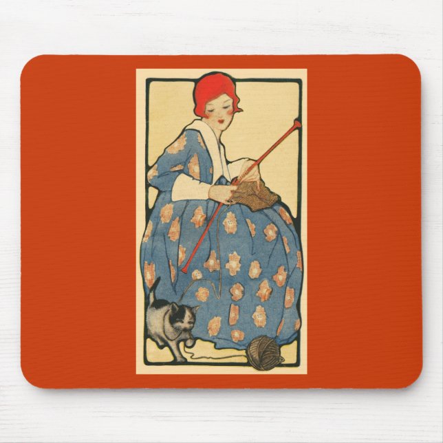 Kunst Nouveau - Mädchen, das mit ihrer Katze Mousepad (Vorne)