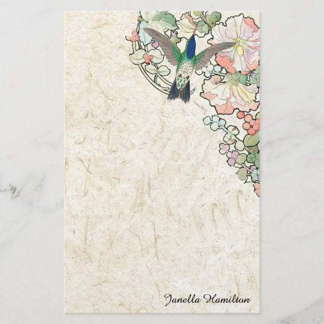 Kunst Nouveau Mucha Blumen-Kolibri-Briefpapier Briefpapier (Vorderseite)