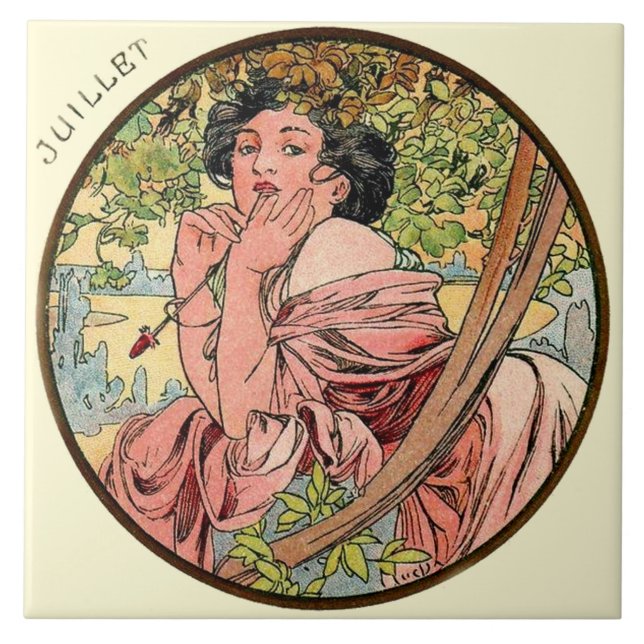 Kunst Nouveau Mucha Kalender Juli Fliese (Vorderseite)