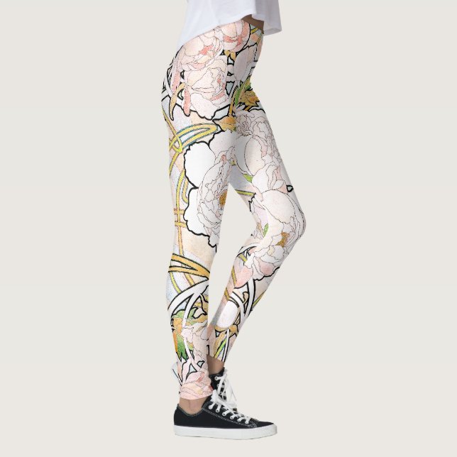 Kunst Nouveau Mucha mit Blumen ganz über Leggings (Rechts)