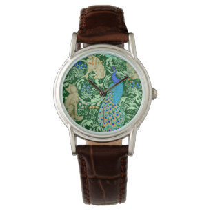 Kunst Nouveau Pfau-Druck, Kobalt-Blau u. Grün Armbanduhr
