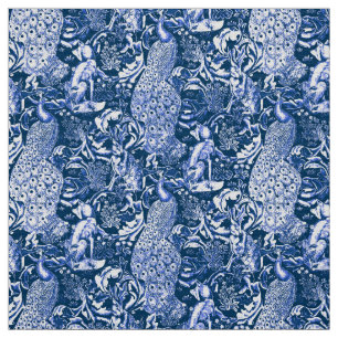 Kunst Nouveau Pfau-Druck, Marine und Weiß Stoff