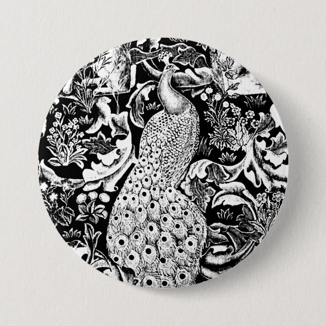 Kunst Nouveau Pfau-Druck, Schwarzweiss Button (Vorderseite)
