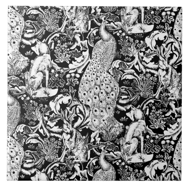 Kunst Nouveau Pfau-Druck, Schwarzweiss Fliese (Vorderseite)