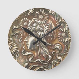Kunst Nouveau silberne Repousse Acryllic Erstuhr Runde Wanduhr