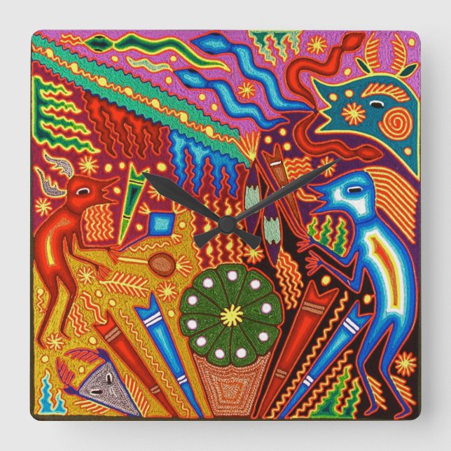 Kunst Oaxacas Mexiko mexikanische Stammes- Boho Quadratische Wanduhr (Vorderseite)