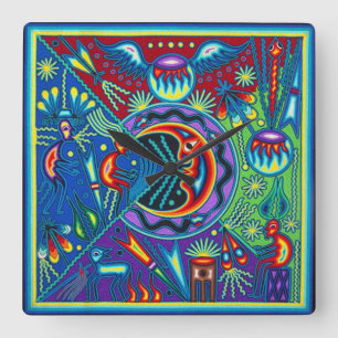 Kunst Oaxacas Mexiko mexikanische Stammes- Boho Quadratische Wanduhr