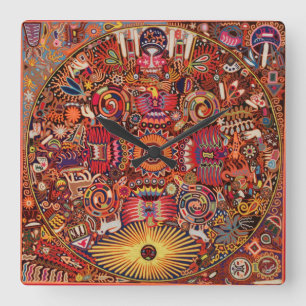 Kunst Oaxacas Mexiko mexikanische Stammes- Boho Quadratische Wanduhr