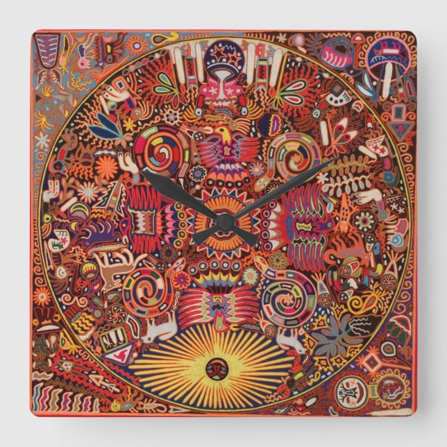 Kunst Oaxacas Mexiko mexikanische Stammes- Boho Quadratische Wanduhr (Vorderseite)