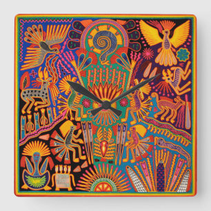 Kunst Oaxacas Mexiko mexikanische Stammes- Boho Quadratische Wanduhr