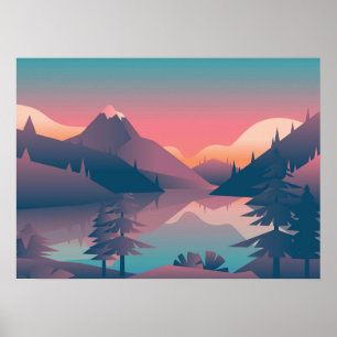 Kunst - Sonnenuntergang mit Bergen und Bäumen - Po Poster