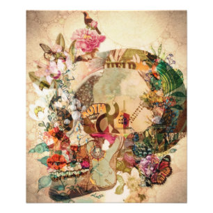 Kunst Vintage Zucker-Schädel-Blumen Fotodruck