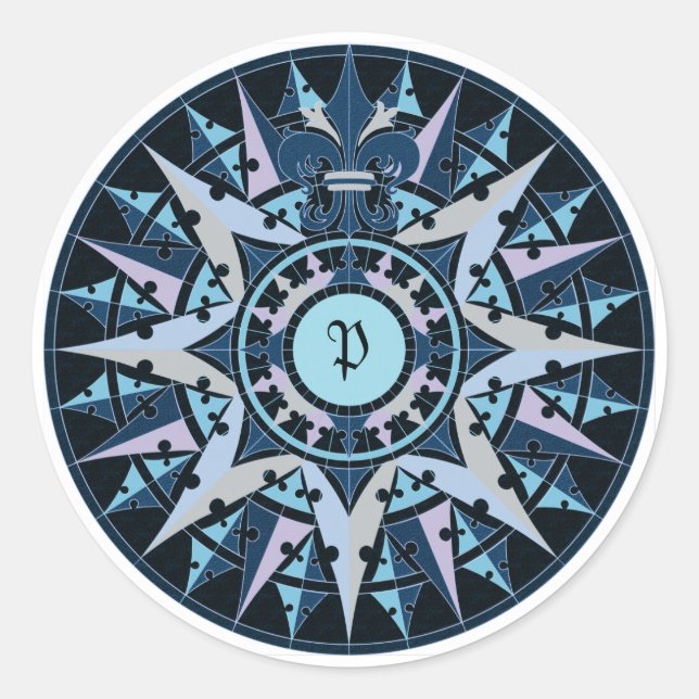 Kunst zeichnend, antike Kompass-Rose, Monogramm hi Runder Aufkleber (Vorderseite)