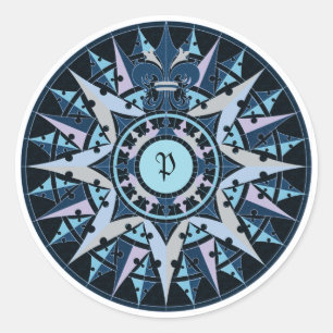 Kunst zeichnend, antike Kompass-Rose, Monogramm hi Runder Aufkleber