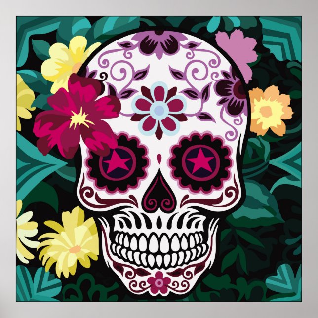 Kunstdarstellung von Schädelschmuck, Blume, Schäde Poster (Vorne)