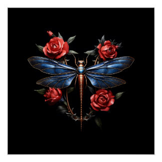 Kunstfaszinierend: Metallische Libelle mit Rote Ro Poster
