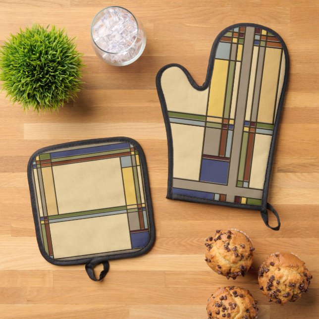 Kunsthandwerk Bungalow Design in Herbstfarben Ofenhandschuh & Topflappen-Set (Oben Unten)