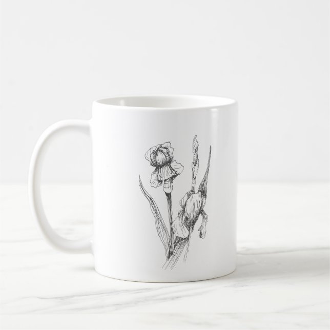 Kunsthandwerk, handgezeichnete Iris, botanische Ku Kaffeetasse (Links)