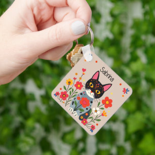Kunsthandwerk Katzen und Blume Personalisiert Schlüsselanhänger