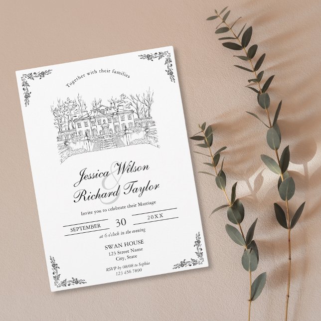 Kunsthandwerkliche Hochzeit von Manor Illustration Einladung (classic hand drawn wedding venue invitation, swan house usa)