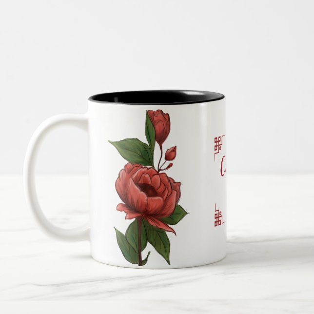 Kunsthandwerkliche Rote Rose Handgemalte Blumen El Zweifarbige Tasse (Links)