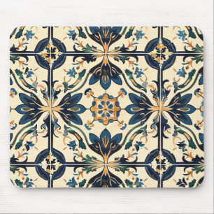 Kunsthandwerkliches Blau-Gold-Blumenmotiv Mousepad