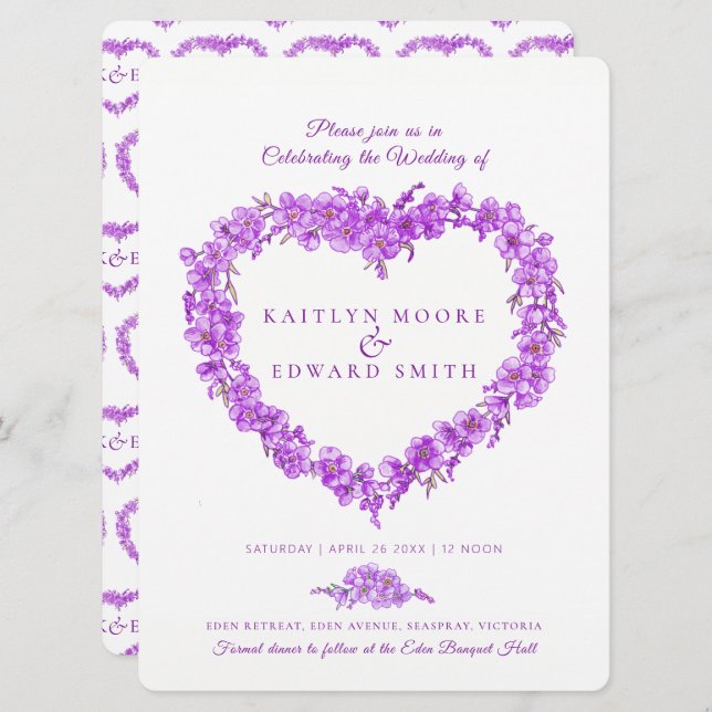 Kunsthochzeit ohne Herz, lila Einladung (Vorne/Hinten)