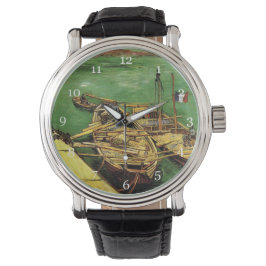 Kunstkunst Vintage Ölmalerei Uhr. Quay mit Männern Armbanduhr
