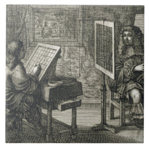 Künstler, der ein Porträt über einem Gitter fü Fliese