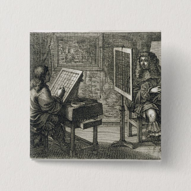 Künstler, der ein Porträt über einem Gitter für Button (Vorderseite)