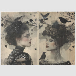 Künstler Mixed Media Black Cream große Gesichter Seidenpapier