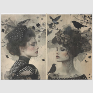 Künstler Mixed Media Black Cream große Gesichter Seidenpapier