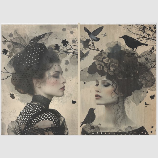 Künstler Mixed Media Black Cream große Gesichter Seidenpapier (Vorderseite)