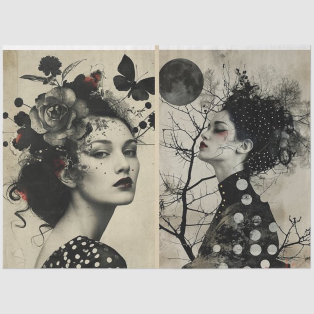 Künstler Mixed Media Black Cream Large Faces 2 Seidenpapier (Vorderseite)