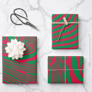 Künstler Op-Art Red Green Weihnachtsstreifen Muste Geschenkpapier Set