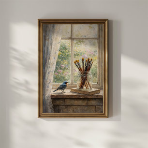 Künstler pinselt Fensterszene Poster