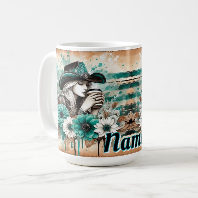 Künstlerin mit floralem Design und Cowgirl Kaffeetasse (Vorderseite Links)