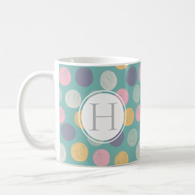 künstlerisch farbig pastellfarbene Polka dot monog Kaffeetasse (Links)