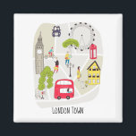 Künstlerisch Map London England Sehenswürdigkeiten Magnet<br><div class="desc">Eine moderne stilisierte Cartoon-Karte von London England mit Menschen,  die sich in ihrem Alltag bewegen,  berühmten Sehenswürdigkeiten und einem Doppeldecker-Bus,  einem schwarzen Taxi und einem roten,  ikonischen Telefonkasten.</div>