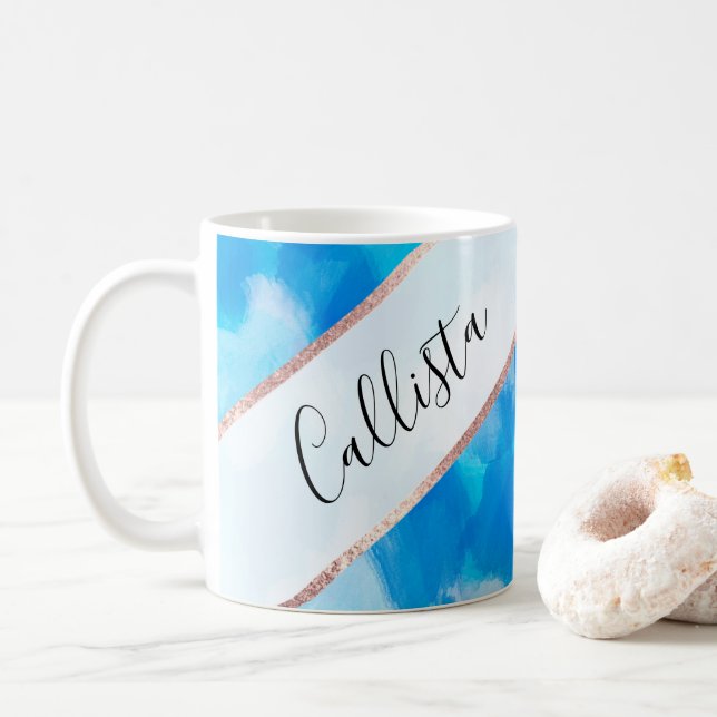Künstlerisch Modernes Ozean Blaues Abstraktes Pain Kaffeetasse (Mit Donut)