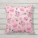 Künstlerisch Niedlich Girl Pink Aquamarin Cowgirl  Kissen<br><div class="desc">Seien Sie ein Country Cowgirl mit diesem lustigen und spielerischen Design! Es zeigt ein handgezeichnet und handgemaltes Neon-Rosa, Bubenlegum-Rosa, Minz-Grün und Schwarz Aquarellmalerei-Illustrationsmuster. Zu diesen Elementen zählen Cowboy-Hüte Cowgirl-Stiefel, Revolver und Sheriffs Abzeichen auf einem hübsch rosa Aquarellhintergrund. Es ist cool, einzigartig und trendig! ***WICHTIGE HINWEIS FÜR DESIGN: Für individuelle Designanfragen,...</div>