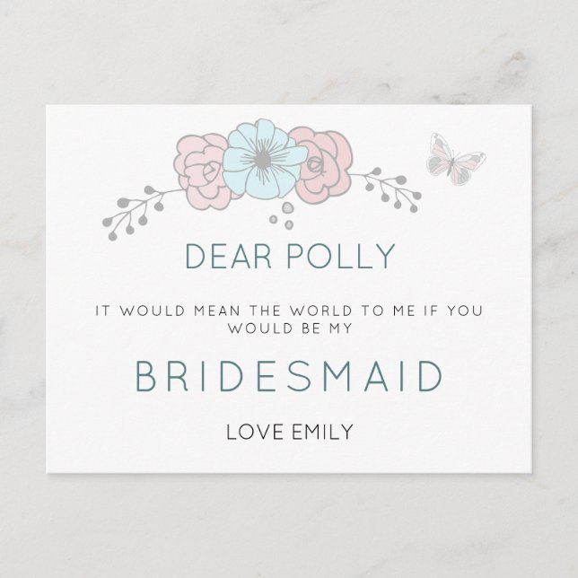 Künstlerisch Pastel Florals Butterfly Bridesmaid-A Postkarte (Vorderseite)