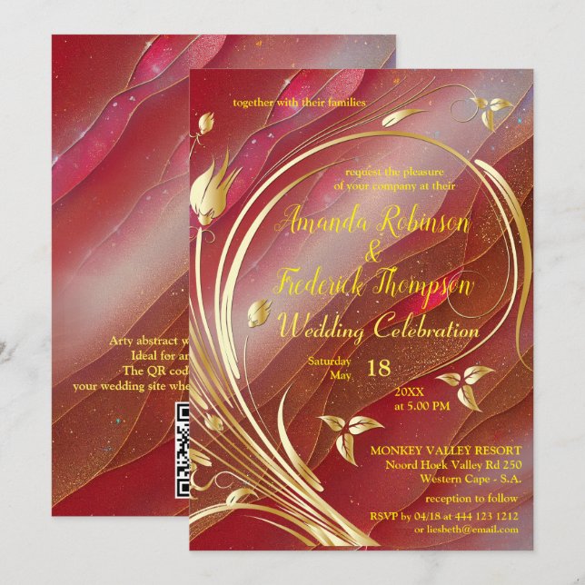 Künstlerische abstrakte Gold Blume Magenta 2023 Fa Einladung (Vorne/Hinten)