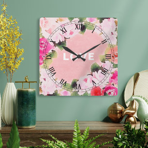 Künstlerische Aquarell-Rosa-Rosengarten-Liebeschri Quadratische Wanduhr