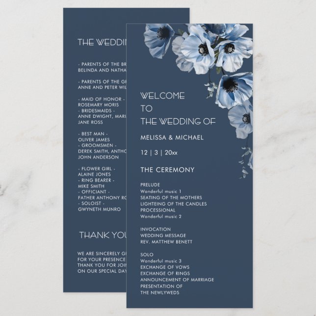 Künstlerische blaue Blumen Hochzeit Programm (Vorne/Hinten)