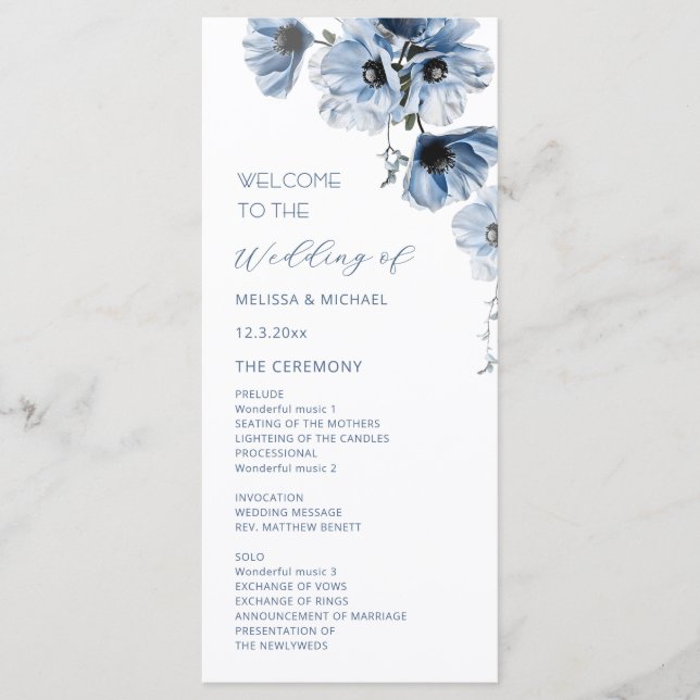Künstlerische blaue Blumen Hochzeit Programm (Vorderseite)