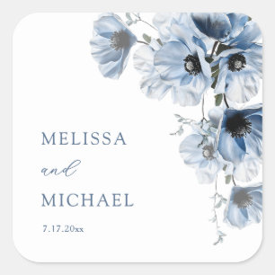 Künstlerische blaue Blumen   Hochzeit Quadratischer Aufkleber