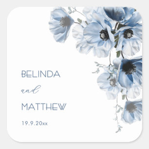 Künstlerische blaue Blumen   Hochzeit Quadratischer Aufkleber