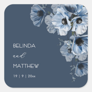 Künstlerische blaue Blumen   Hochzeit Quadratischer Aufkleber