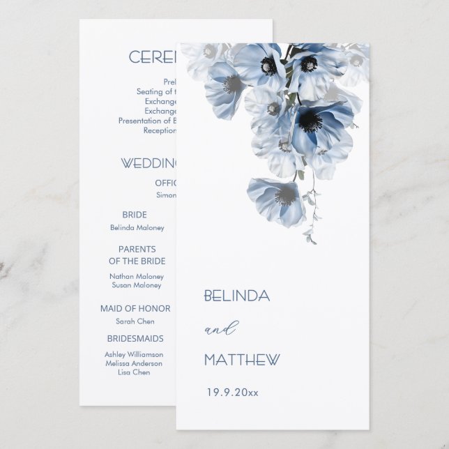 Künstlerische blaue Blumen | Hochzeitsprogramm (Vorne/Hinten)